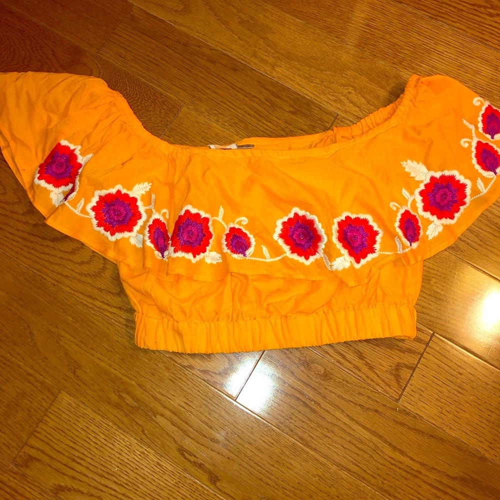 ASOS off the shoulder embroidered orange crop top